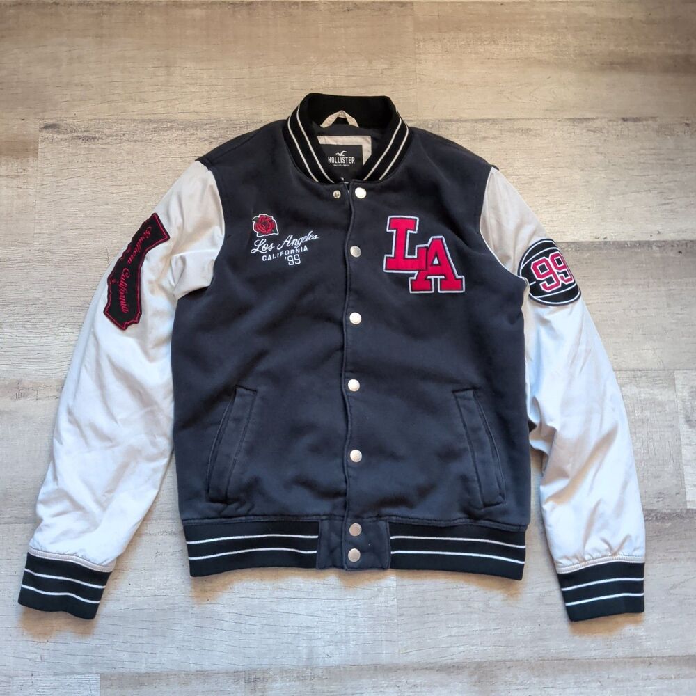 Hollister California Men Varsity Bomber Jacket Size Medium M Navy Blue